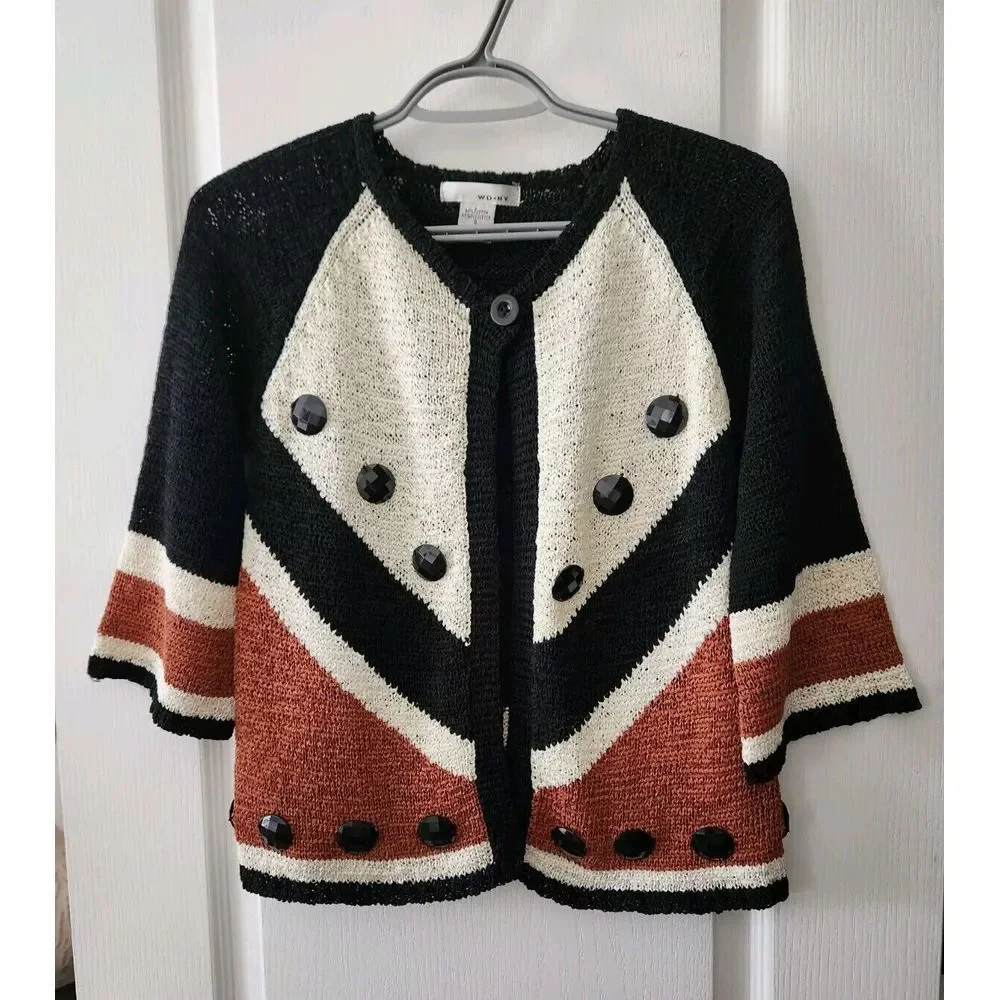 WD-NY Womens Knit Cardigan 3/4 Sleeve Single Button Closure Cotton Blend Black S